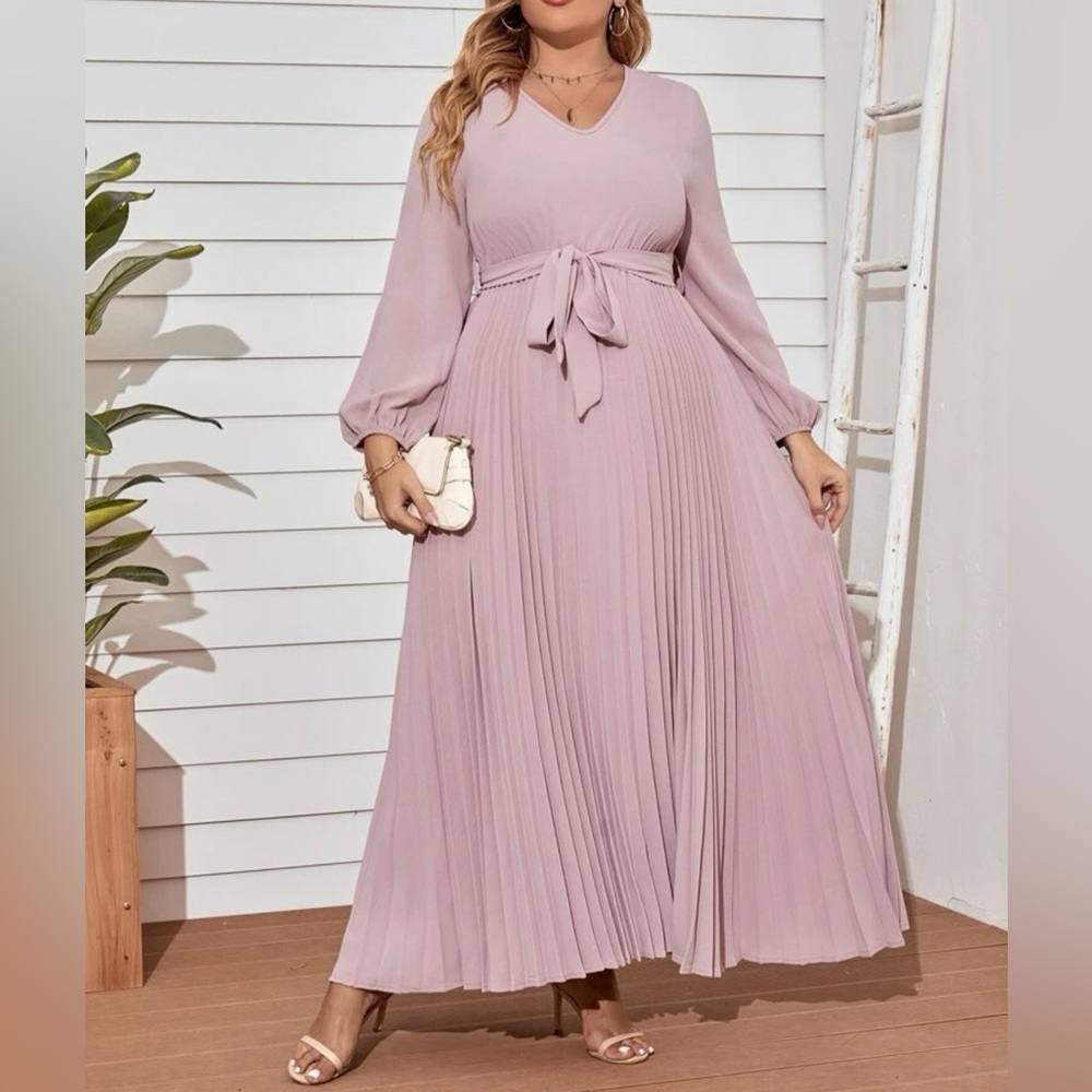 Plus Lantern Sleeve Pleated Hem Belted Dress